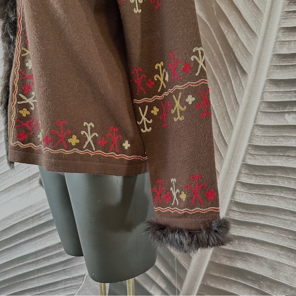 Bohemian Boho L Sweater Cardigan Shacket Merino Wool Rabbit Fut Brown Red Gold - Picture 9 of 16
